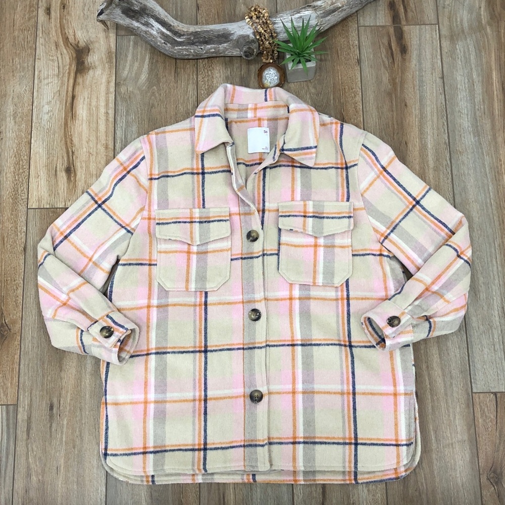 SO Plaid Flannel Shacket Jacket Pink Orange Blue
